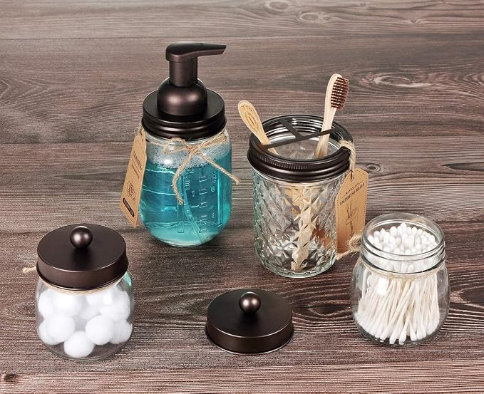 Amolliar Mason Jar Foaming Soap Dispenser Pump Lids, Foaming Pump Replacement Kit for Pint Regular Mouth Mason Jar, Refill Hand Soap, Waterproof Labels, Kitchen Bathroom Farmhouse Decor, Bronze 6 Pack