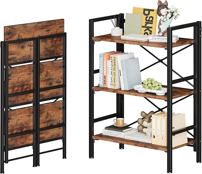 Homeiju Folding Bookshelf No Assembly, 3 Tier Bookcase Foldable Shelf with X-Bracket Design, Adjustable Feet, Space Saving Storage for Living Room, Office (Rustic Brown)