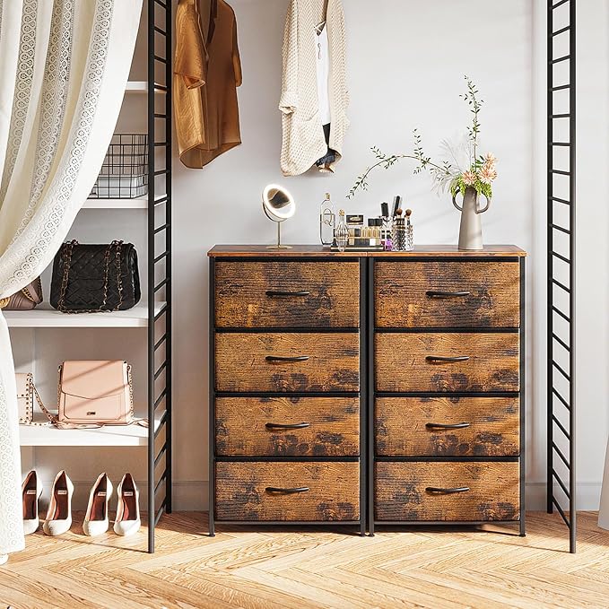 ODK Small Dresser for Bedroom with 4 Storage Drawers, Vintage | Dresser Chest of Fabric Drawers with Sturdy Steel Frame for Small Space, Wood Top