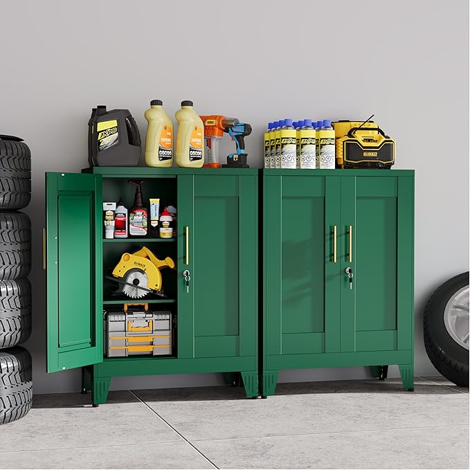 Green Metal Storage Cabinet, 36" Tall Locking Storage Cabinet with 2 Adjustable Shelves, Steel Locker Organizer, for Office, Home, School, 11.81" D x 23.62" W x 35.83" H, 2PS