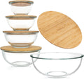 Stackable Space-Saving Set of 5 Nesting Glass Bowls with Bamboo Lids for Foodprep, Storage, Baking, Mixing & Cooking, Microwave & Oven Safe BPA Free Heat Resistant Inert Borosilicate Glass