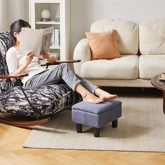 Aibiju Foot Rest for Couch, Foot Stool Ottoman with Wood Legs, Teddy Velvet Ottoman with Storage 16x12x9.5inch Flip Top Small Stool for Living Room Dorm Teddy Gray YD-JD136G