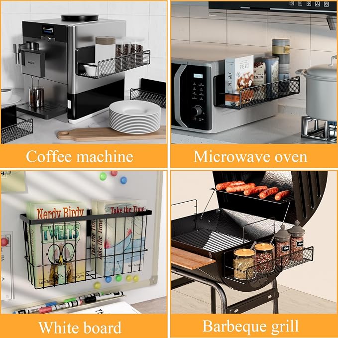 6 Pack Magnetic Shelves for Washing Machine, Magnetic Spice Rack Organizer for Refrigerator, Magnetic Shelf with Hanger Organizer, Metal Magnetic Basket, Laundry Organization and Storage, Black