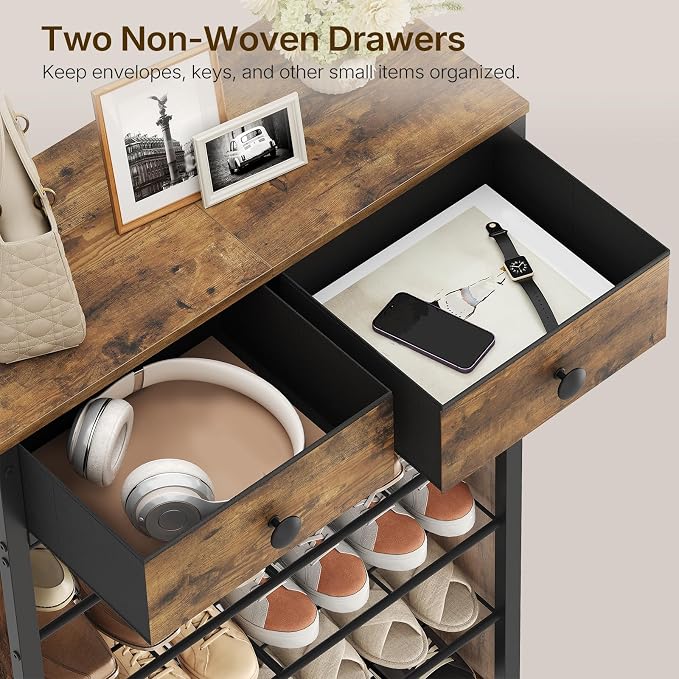YATINEY 6-Tier Shoe Rack with 2 Non-Woven Drawers, Entryway Shoe Storage with Dust Cover, Metal Shoe Organizer, Space Saving Shoe Cabinet, for Entryway, Closet, Hallway, Rustic Brown and Black SS33BR