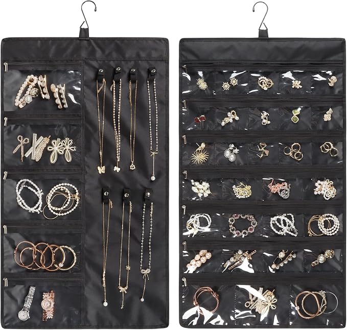 Zilink Hanging Jewelry Organizer for Closet with Zippers Double-Sided Jewelry Holder Organizer Dustproof Jewelry Organizer for Earrings, Necklaces, Rings, Bracelets, Black