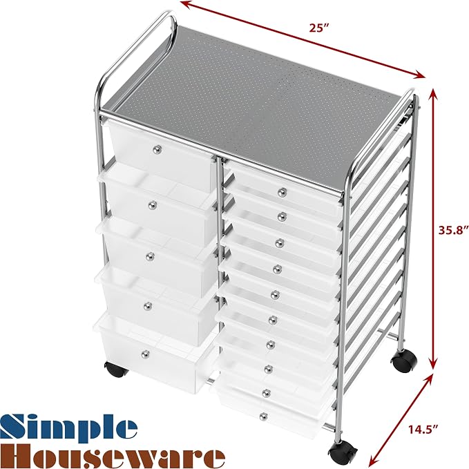 Simple Houseware 15 Drawers Rolling Utility Cart Art Craft Storage, Chrome | 2-Column, 35.8" Height, Lockable Wheels, for School, Office, Art Craft, and Paper Storage