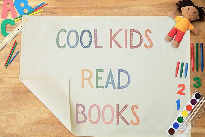 Cool Kids Read Books Reading Corner Banner- Funny Wall Decor Sign for Teachers and Kids-Playroom Homeschool Preschool Kindergarten Beige Cotton Canvas Rectangular Flag-Teacher Gift,28.5x20 Inch