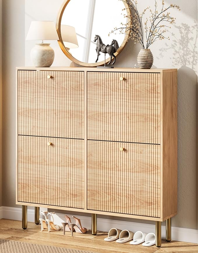 Nicetree Shoe Storage Cabinet for Entryway - Ultra Slim Shoe Cabinet with Tiered Fluted Design - Modern Shoe Organizer with Gold Legs, Hidden Shoe Rack for Small Spaces, Fits Men's Size 13.5