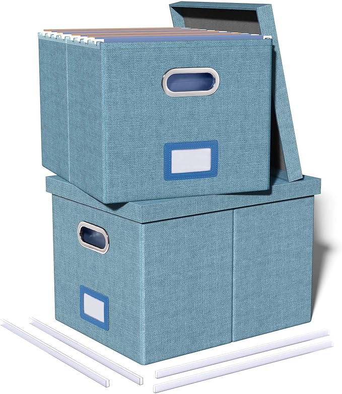 Oterri 2 Pack File Storage Organizer, Filing Box, Portable File Box with Lid, Fit for Letter/Legal File Folder Storage, Document Organizer, Dark-blue