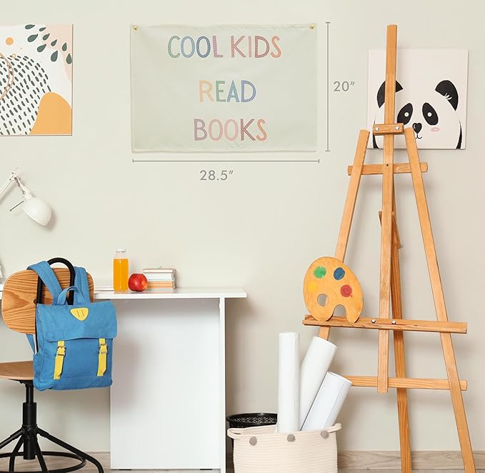 Cool Kids Read Books Reading Corner Banner- Funny Wall Decor Sign for Teachers and Kids-Playroom Homeschool Preschool Kindergarten Beige Cotton Canvas Rectangular Flag-Teacher Gift,28.5x20 Inch