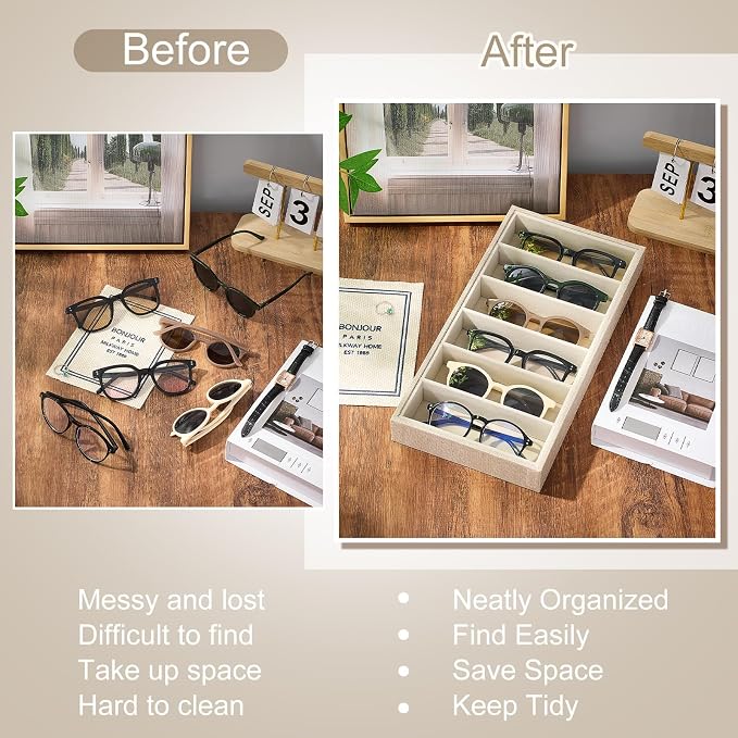 Juexica 4 Pcs Velvet Sunglasses Organizer Tray 6 Grid Sunglass Organizer Velvet Tray Stackable Glasses Display Case for Women Glasses Jewelry Display Watch (Linen)