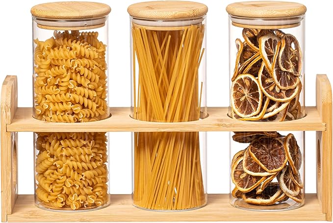 Basicwise 3 Pcs 30oz Glass Jars with Bamboo Shelf for Storing Ground Coffee, Sugar, Beans and Grains, Airtight Canisters for Nuts, Pasta, Flour and Tea Bags - Ideal for Kitchen and Pantry Organization
