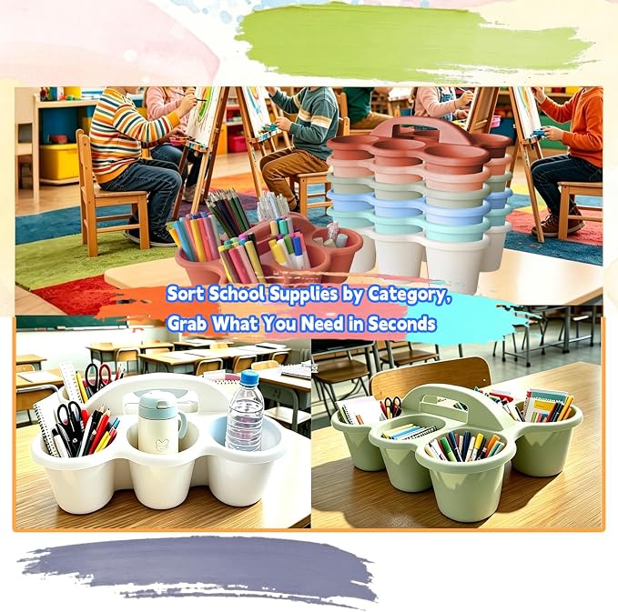 6 Pack Classroom Caddy Organizer with Handle Morandi Plastic Table Caddy 6 Compartments Storage Cup Holder for School Supplies Art Crafts Crayons Pencils Stackable Desk Daddy for Office