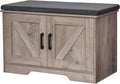 HOMSHO Farmhouse Shoe Storage Bench with 2 Barn Doors & Padded Seat Cushion | 27.6" Wide Entryway Bench with Adjustable Shelves & Hidden Storage, Greige