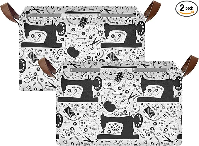 Black White Sewing Tools Printed Storage Basket Foldable Cube Storage Bins with Handles&Label Collapsible Organizer Box Bin Large Rectangle Decorative Baskets for Shelves Home Living Room Closet, 2 PC