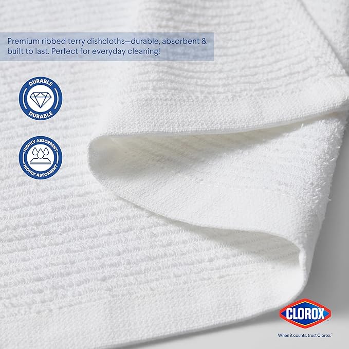 Clorox Ribbed Dishcloths - 100% Cotton Quick Dry Dish Cloths - Absorbent Multipurpose Cleaning for Restaurants, Kitchen, Bathroom, Hotel - 12" x 12" - White 12 Pack