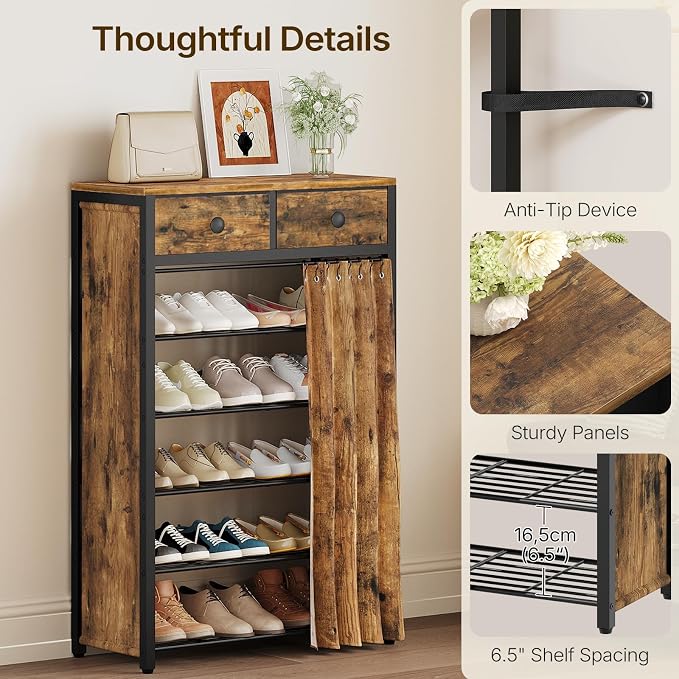 YATINEY 6-Tier Shoe Rack with 2 Non-Woven Drawers, Entryway Shoe Storage with Dust Cover, Metal Shoe Organizer, Space Saving Shoe Cabinet, for Entryway, Closet, Hallway, Rustic Brown and Black SS33BR
