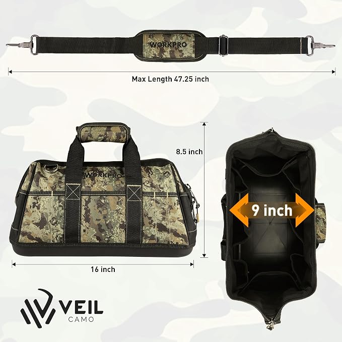 WORKPRO 16-Inch Wide Mouth Tool Bag with Water Proof Molded Base | Multi-Pocket, Heavy Duty Cloth, Adjustable Shoulder Strap, Double-pull Zipper, For Workshops, Outdoor Projects