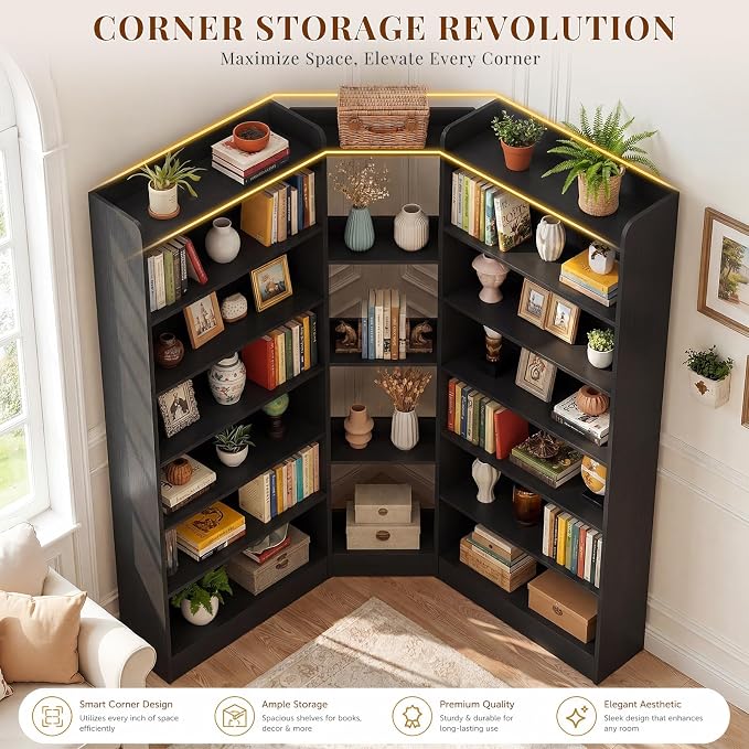 Unikito 71.3" Tall L-Shaped Corner Bookshelf, 7-Tier Bookcase, Black | Asymmetric etagere bookcase with baffle, freestanding storage organizer display shelf stand for home office, living room.