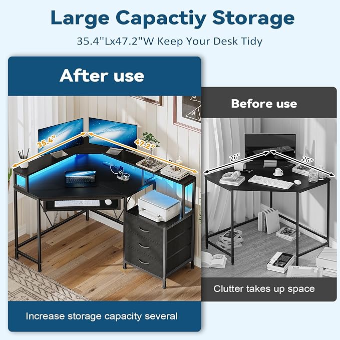 47" Corner Desk with Drawers, Power Outlets ＆ Printer Shelf for Small Space | Small Computer Desk with Monitor Stand, Triangle Gaming Desk with LED Lights and Keyboard Tray, Black