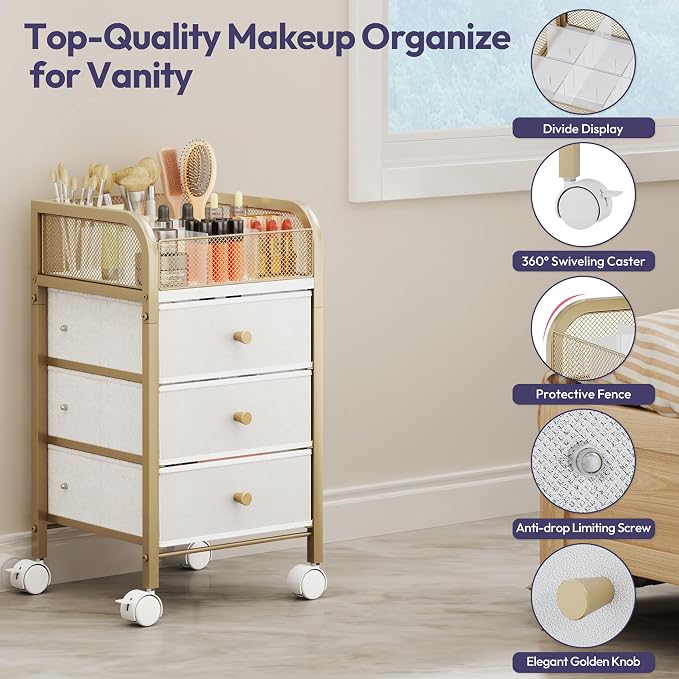 SWTYMIKI Rolling Makeup Organizer Cart - Under Desk Vanity Makeup Storage with 3 Non-woven Drawers, Nail Cart Organizer Cosmetic Display Cases Cabinet for Skin Care Perfume Nail Polish Brush Hair Tool