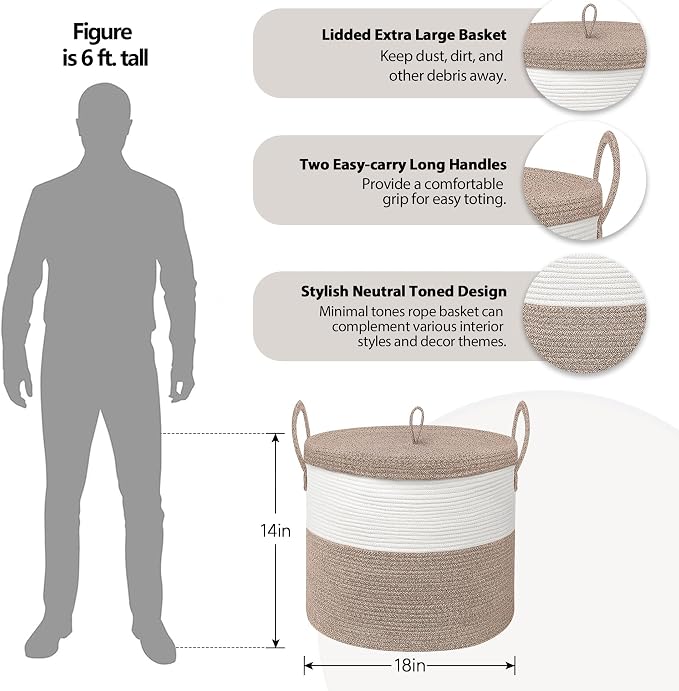 18" X18“ X 14" Large Storage Basket with Lid, Blanket Basket Living Room, Woven Cotton Rope Storage Box, Lidded Kids Dog Toy Bin, Wicker Laundry Basket, Blankets Pillows Organizer Holder