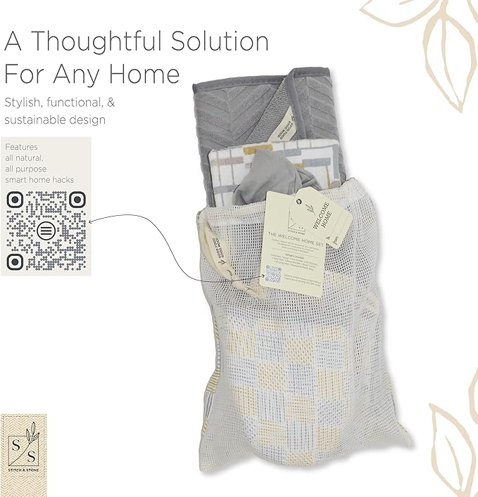 Stitch & Stone Welcome Home Kitchen Set - Multi Use with Quilted Pot Holder, Mitt, & Bowl Trivet, Cotton Kitchen Towel, Mat for Dish Drying, Hanging Towel, & Bowl Cover - Grey and Mustard Line