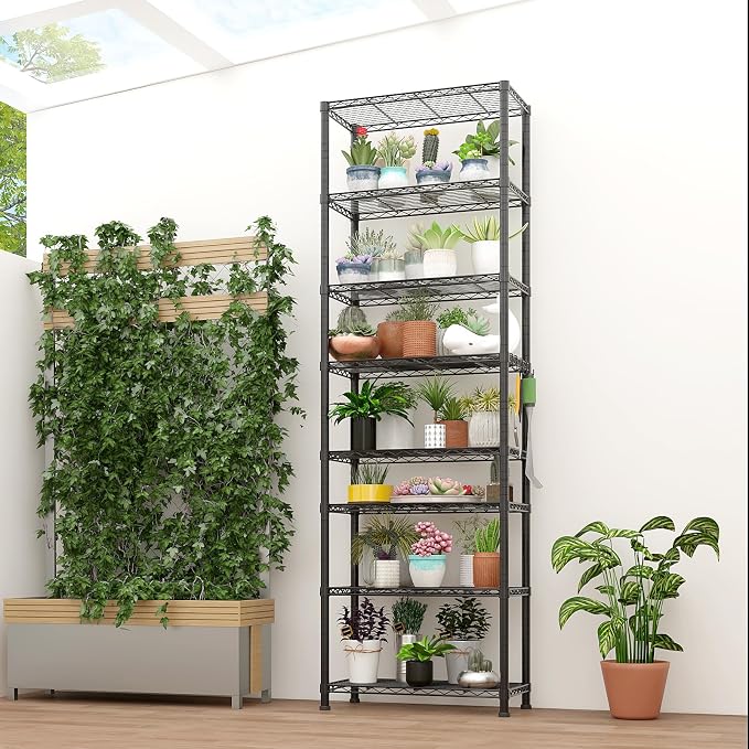 Karl home Segmentable 8-Tier Storage Shelving, Adjustable Metal Shelves Wire Storage Rack for Garage Kitchen Basement,1600LBS Capacity 78.74" H X 23.62" W X 13.78" D,Stainless S Hooks,Black