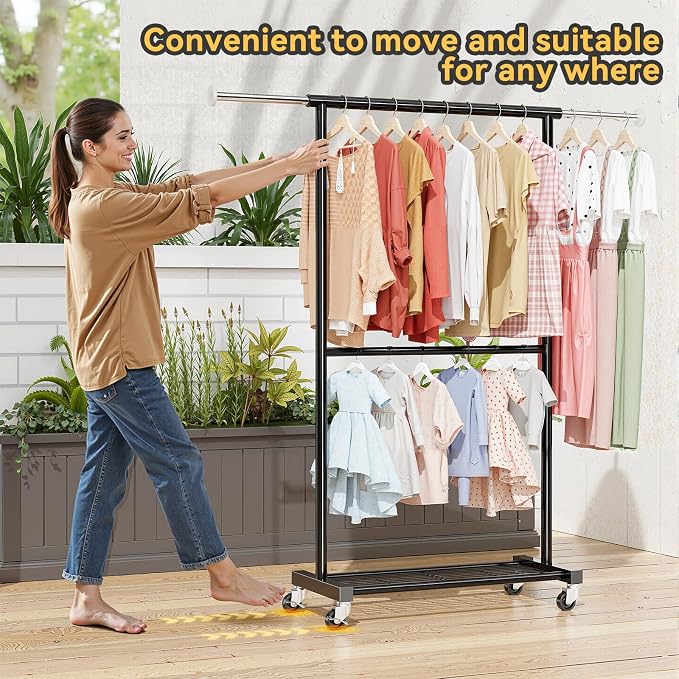 Standard Clothes Rack, Rolling 50“L Clothing Garment Rack with Mesh Shelves on Wheels, Adjustable Portable Wardrobe Rack for Bedroom, Laundry Room, Black