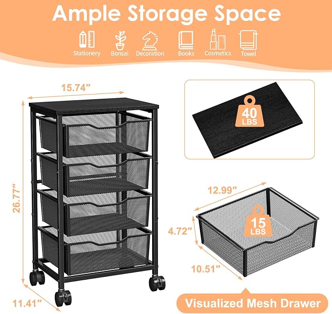 Sbanmao Utility Cart with 4 Drawers, Rolling Storage Cart, Metal Rolling Drawer Cart with Lockable Wheels and Wooden Tabletop, Craft Storage Art Cart for Living Room, Bedroom, Classroom, Office Black