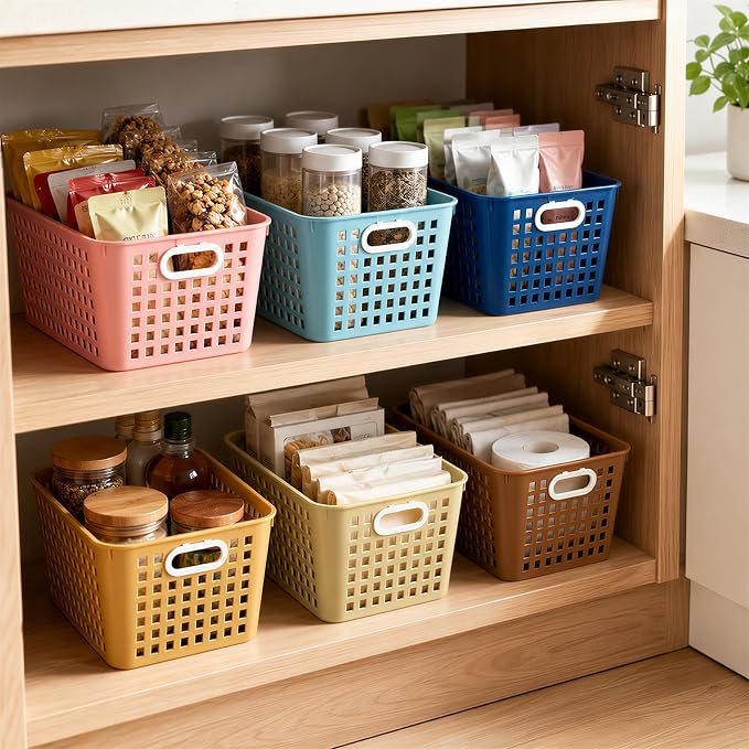 6 Pack Plastic Classroom Storage Baskets, Organizer Bins with Handle | Bohemian 11" × 7.1" × 4.6" Medium Papers Book Storage Organizer for School Classroom Library Office Home Desktop Bookshelf