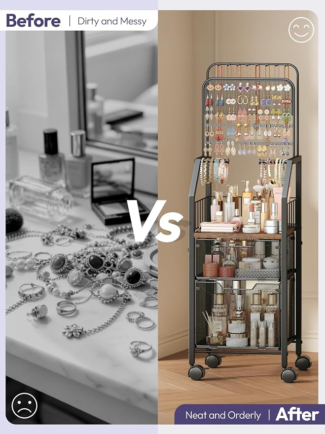 SWTYMIKI Jewelry Organizer with Drawers- Metal Jewelry Holder Stand Large Necklace Holder and Earring Organizer Display, Rolling Jewelry Storage Makeup Organizer for Bedroom Vanity Closet Espresso
