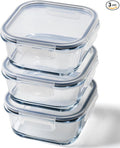 Glass Food Storage Containers with Lids| 3 Pack Square Set 27oz/3.4cup | Glass Meal Prep Containers | Non-Toxic & Airtight | Glass Containers with Lids | Oven, Freezer & Dishwasher Safe