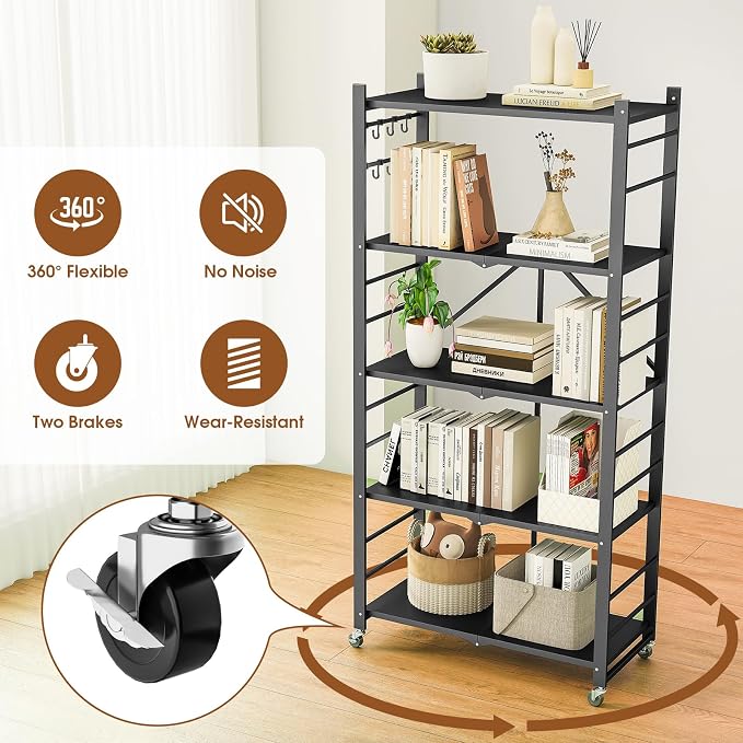 Fenbeli 5 Tier Folding Storage Shelf with Wheels – Heavy Duty Metal Organizer Rack, No Assembly Collapsible Utility Shelving Unit for Garage, Kitchen, Pantry, Basement, Office (Black-B, 5 Tier)