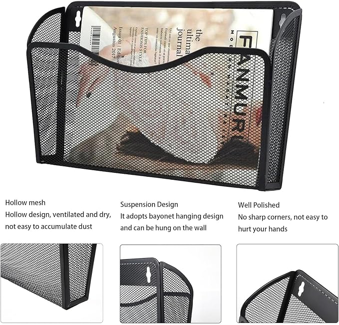 Gawerk Mesh Hanging Wall File Holders, Metal Vertical Wall Basket Mail Organizer for Office/Home (Black, 2 Pack Wall Mounted)