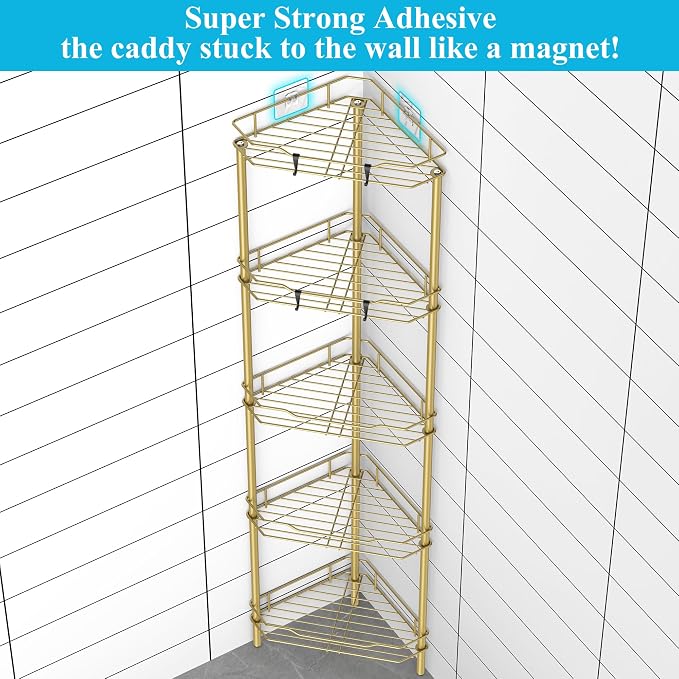 HuggieGems 5 Tier Floor Standing Corner Shower Caddy Organizer Shelf with Hooks, Bathroom Shelves Stand Rack, Gold