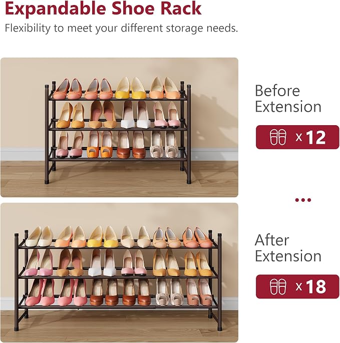 Tajsoon Expandable Shoe Rack for Closet 3 Tier, 28“-41“Stackable, Bronze | Adjustable Shoe Organizer Closet Shoe Rack Floor, Metal Long Shoe Shelf Storage for Entryway, Garage, Front Door Entrance