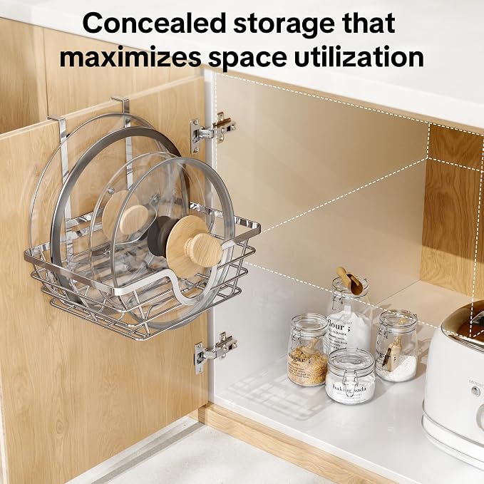 TIDIIABODE Pot Lid Organizer, Adjustable Kitchen Pot Lid Holder Inside Cabinet, Kitchen Cabinet Organizer Hanging for Food Storage Container, Pot, Pan Lid & Bakeware, Sliver