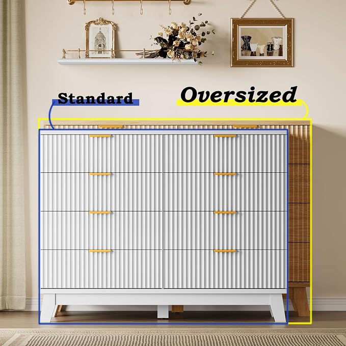 BORNOON Fluted 8 Drawer Tall Dresser, 47.2" Wide Modern Boho Chest of Drawers, Wooden Storage Dresser TV Stand for Bedroom, Living Room, Closet, Hallway, Curved Profile Design