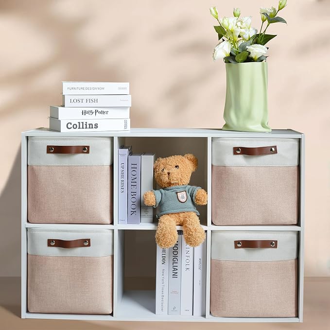Patvingot Fabric Storage Cubes 11", 4 Pack, with PU Pull Handles,Foldable | For accessories on cube shelves or in closets; reinforced opening, pull-out access, folds flat when empty,white and pink