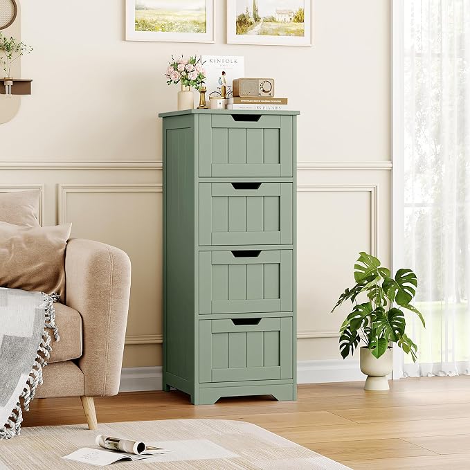 FOTOSOK Bathroom Storage Cabinet, Bathroom Cabinet with 4 Drawers, 11.8” x 11.8” x 32.5” Freestanding Entryway Cupboard Storage Organizer Unit Home Furniture Decor, Green