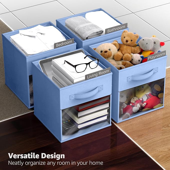 Sorbus 11 Inch Storage Bins with Clear Window - 6 Foldable Baskets for Organizing Clothes, Toys, Books - Sturdy Collapsible Fabric Storage Cubes with Handle - Storage Baskets for Shelves, Closets