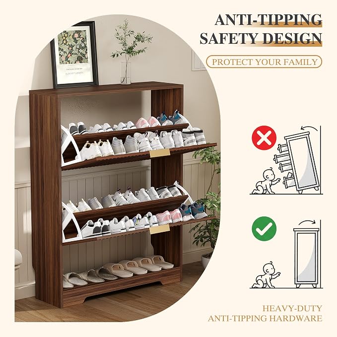 Garvee Shoe Storage Cabinet with 2 Flip Drawers,Slim Fluted Shoe Rack Cabinet with Open Storage,Wooden Hidden Shoe Rack Freestanding Narrow Shoes Organizer for Hallway, Entrance,Foyer,Walnut