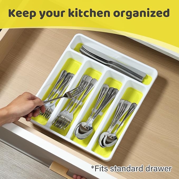 shopwithgreen Silverware Organizer with Cutlery Icons，Silverware Tray for Kitchen Drawer，Plastic Flatware Drawer Organizer Utensil Organizer with Non-slip TPR Linings，5-Compartment Silverware Caddy