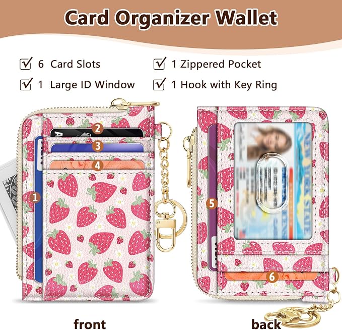 GIANCOMICS Slim Wallet Credit Card Holder Women, Strawberry Rfid Blocking Small Card Case, Keychain Thin Pocket Curved Zipper Wallet, Travel Card Holder PU Leather ID Window, Ladies Female Gifts