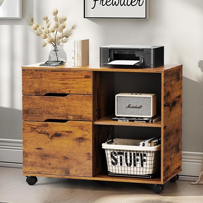 DUMOS File Cabinet with 3 Drawers, Wood Under Desk Storage Printer Stand | Rolling Lateral Filing Cabinet with Adjustable Shelves for Home Office Study Organization,Rustic