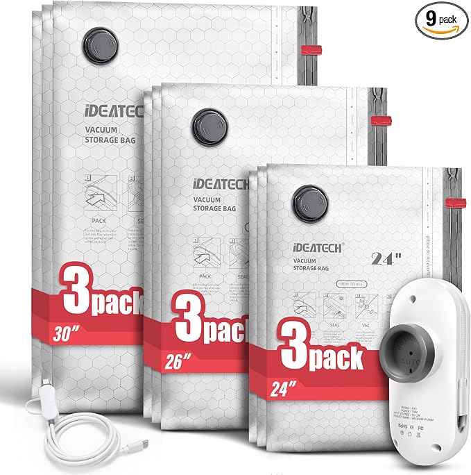 IDEATECH 9Pack Travel Vacuum Storage Bags with USB Pump, Carry-On Size Vacuum Seal Bags for Clothing & Luggage, Heavy Duty Reusable Space Saver Compression Bags for Suitcase Packing