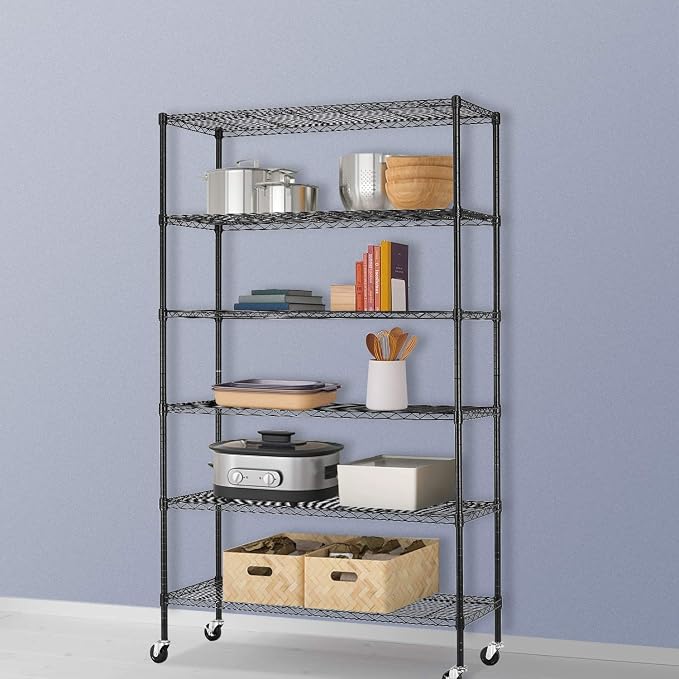 BestOffice Commercial Wire Shelving Unit Metal Shelf Casters Adjustable Layer Rack Strong Steel for Restaurant Garage Pantry Kitchen Garage (45×18×82, Black)