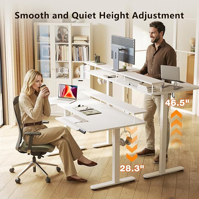 OffiGo 63 Inch U Shaped Electric Standing Desk with Keyboard Tray, White | 3 Outlets & 2 USB Ports, Dual-Monitor Stand, 10 Colors & 10 LED Modes, 3 Presets, 28.3"-46.5"in Range, 154 lb Capacity
