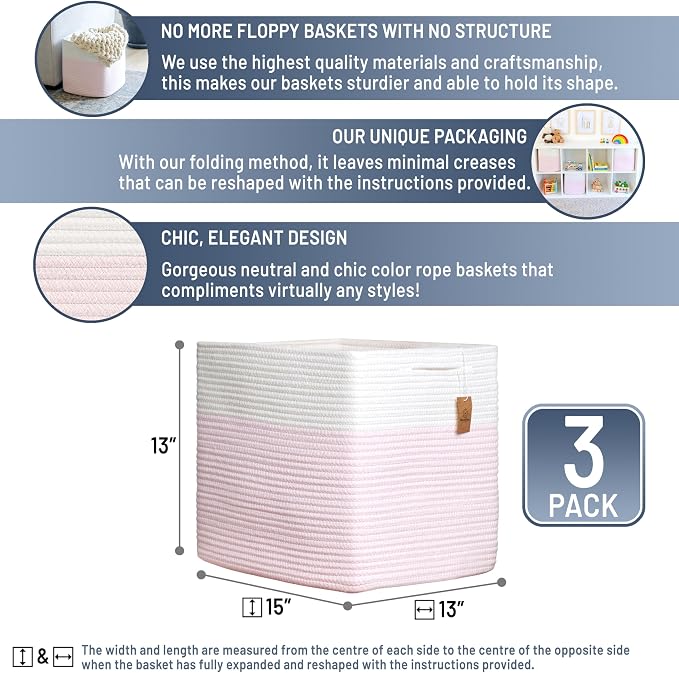 NaturalCozy 13x15x13 Kallax Storage Cubes, 3 Pack | Cotton Rope Cube Storage Bins Woven Baskets for Organizing | Kallax Insert Baskets for Shelves Organizer, Kids Toy, Pantry, Closet, Baby Nursery
